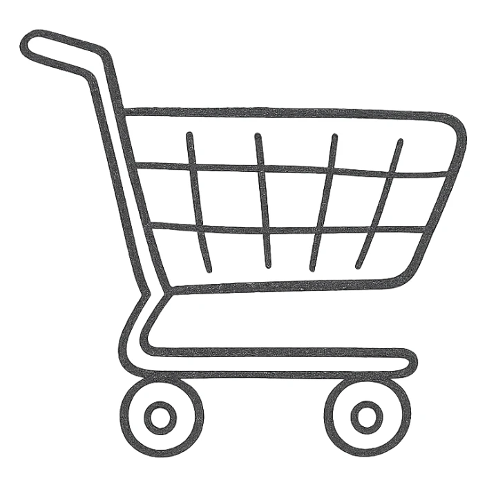 A shopping cart icon, black and white, hand drawn, no fill. sticker