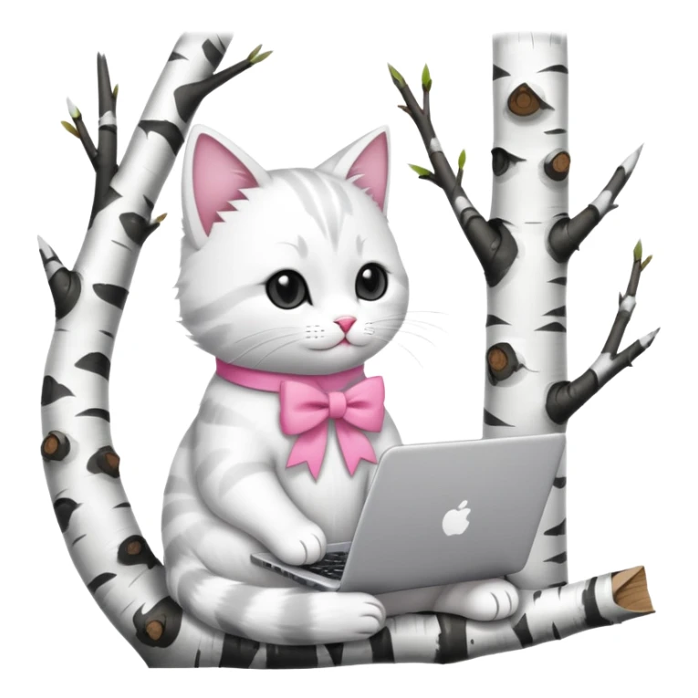 A  cat with a laptop, he has a small pink bow on his head. the cat is sitting on a birch tree sticker
