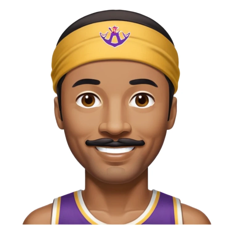 Wilt Chamberlain, tall, black short hair, mustache, headband, smiling sticker