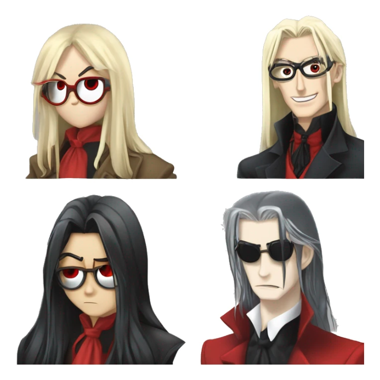 vampire, alucard, hellsing, long black hair, long bangs, red circular glasses, red coat, red tie, alucard hellsing sticker