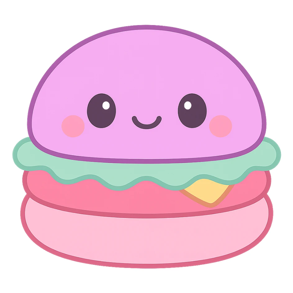 Make the burger squishmallow more colorful with vibrant colors on the bun, lettuce, tomato, cheese, and face details. Keep the plush kawaii style with no background. sticker