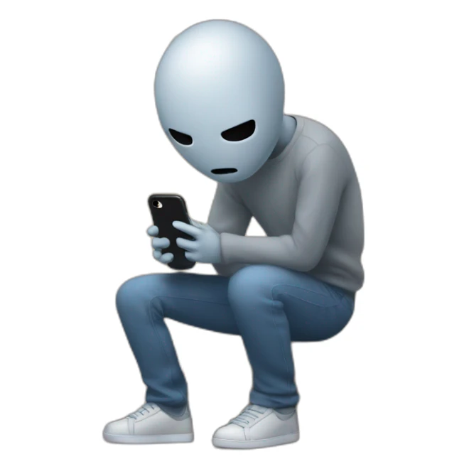 Sad person, holding iPhone in one hand, with spider webs as waiting sticker