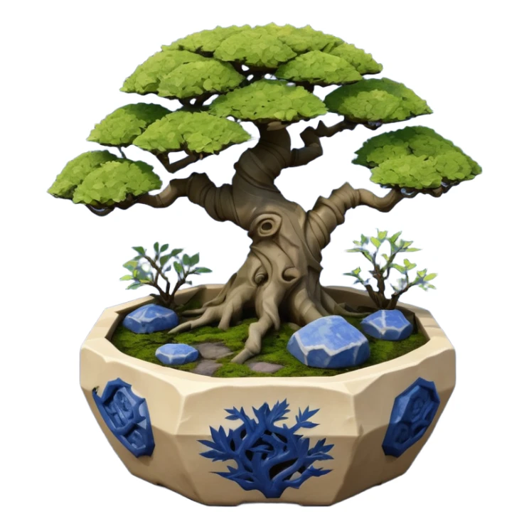 Alien viney landscape mudman very old broken cracked intricate Stone Age rocky-crusted irregular dodecagon-shaped shallow dark moss rough bark blue willow flowered maple tree bonsai pot sticker