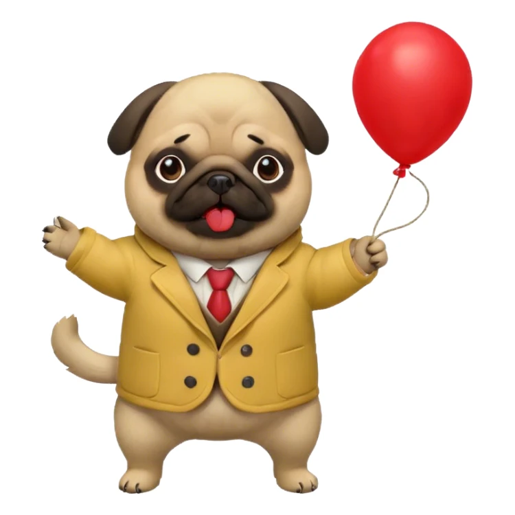 A pug in a yellow coat holds a red balloon on a string sticker