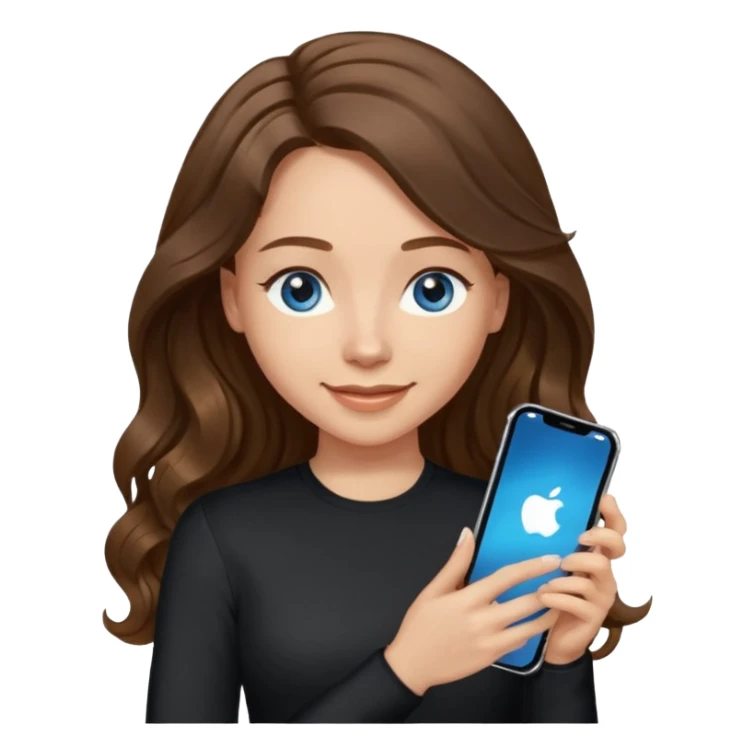 generate a pretty woman with blue eyes, light skin and long and really wavy shiny medium brown hair holding a phone while looking down at the screen. she is wearing an ALL black long sleeve. she is smiling sticker
