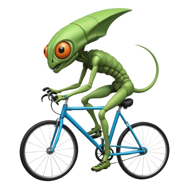 insectoid alien riding a bicycle, bug-like eyes, segmented limbs, strange but fun cycling pose, sci-fi creature vibe, 3D cartoon, mobile game icon style, clean background, no text, no watermark
 sticker