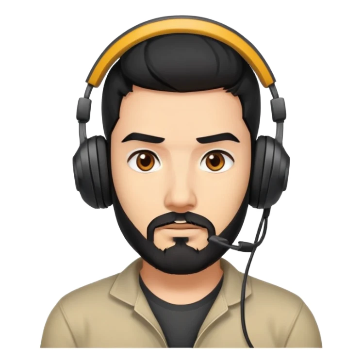 Serious gamer face with black hair, brown eyes, black beard, wearing gaming headset sticker