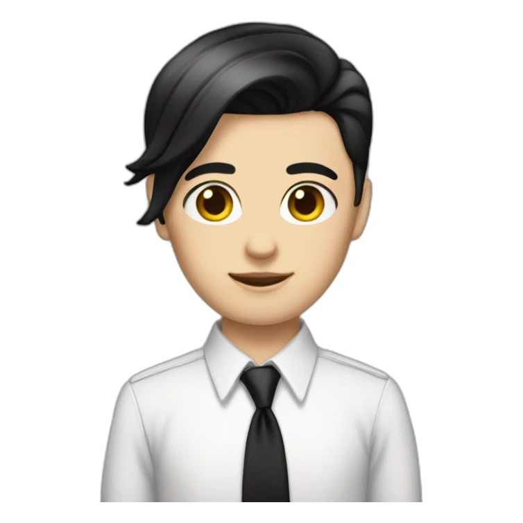 androgynous white boy bangs black straight hair white shirt black tie sticker