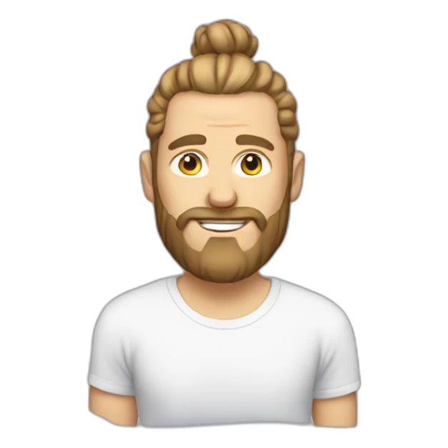 white man with man bun and beard with t shirt sticker