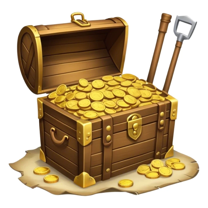 An icon showcasing a treasure chest filled with gold, a treasure map rolled up beside it, a backpack and shovel. The design captures the essence of treasure hunting, exploration, and excitement, set on a transparent background to emphasize the thrill of discovery. sticker