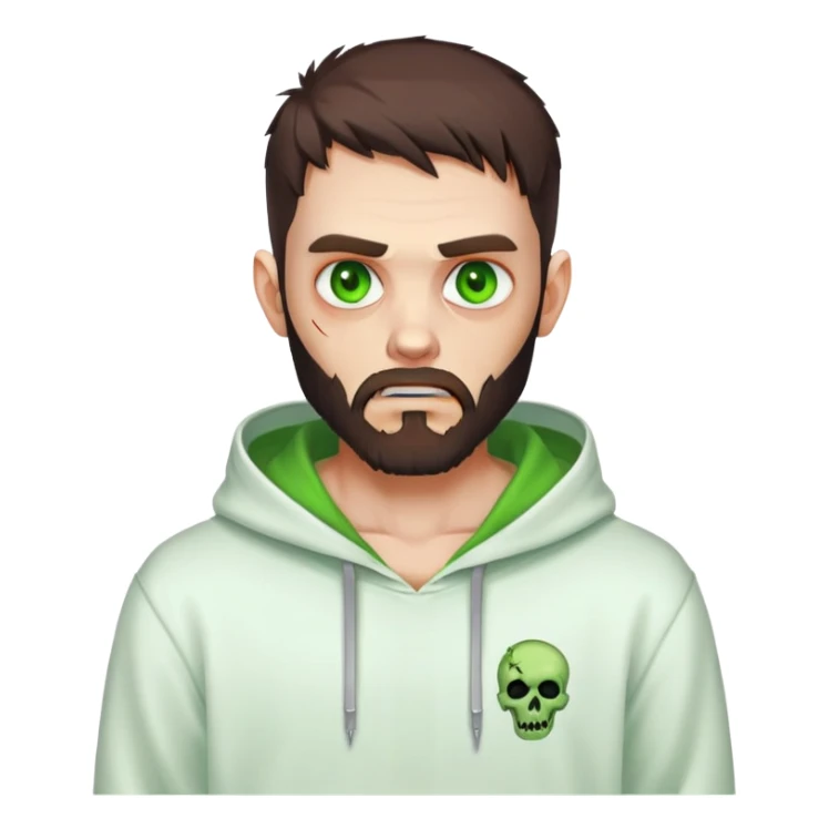 zombie making peace sign, undercut hairstyle with dark brown hair, short full beard, glowing green eyes, wearing plain white hoodie sticker
