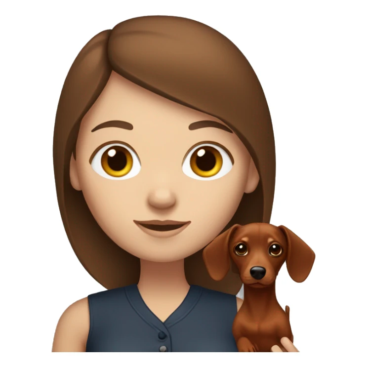 White girl with straight brown hair holding a red dachshund  sticker
