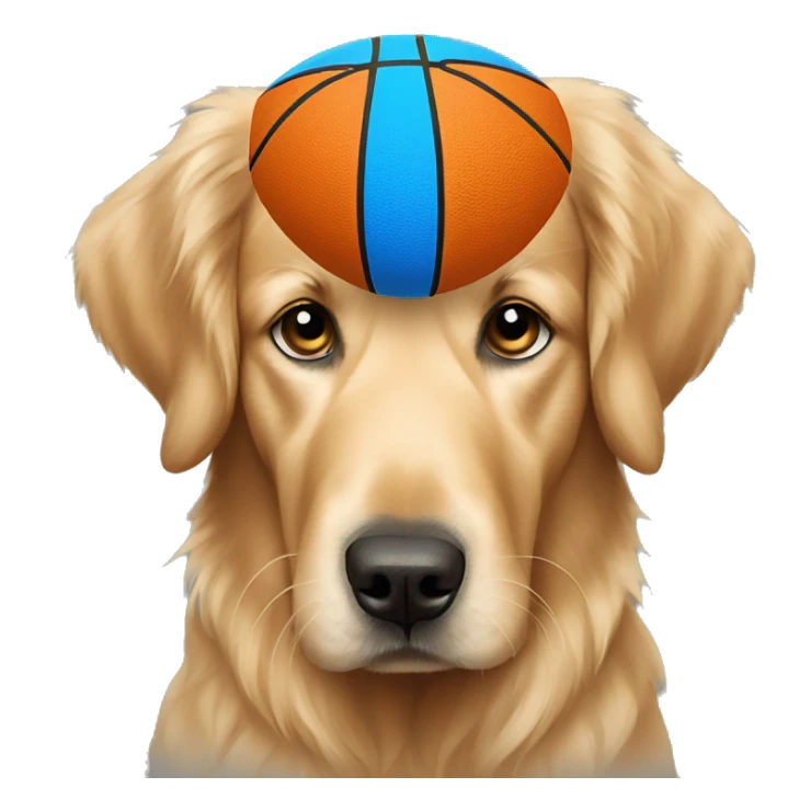 Golden Retriever with blue eyes and a basketball sticker