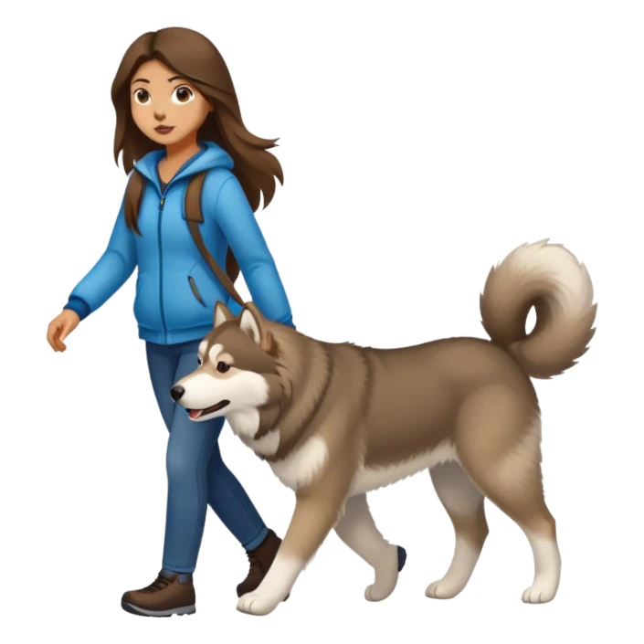 A girl with long brown hair walks an Alaskan sticker