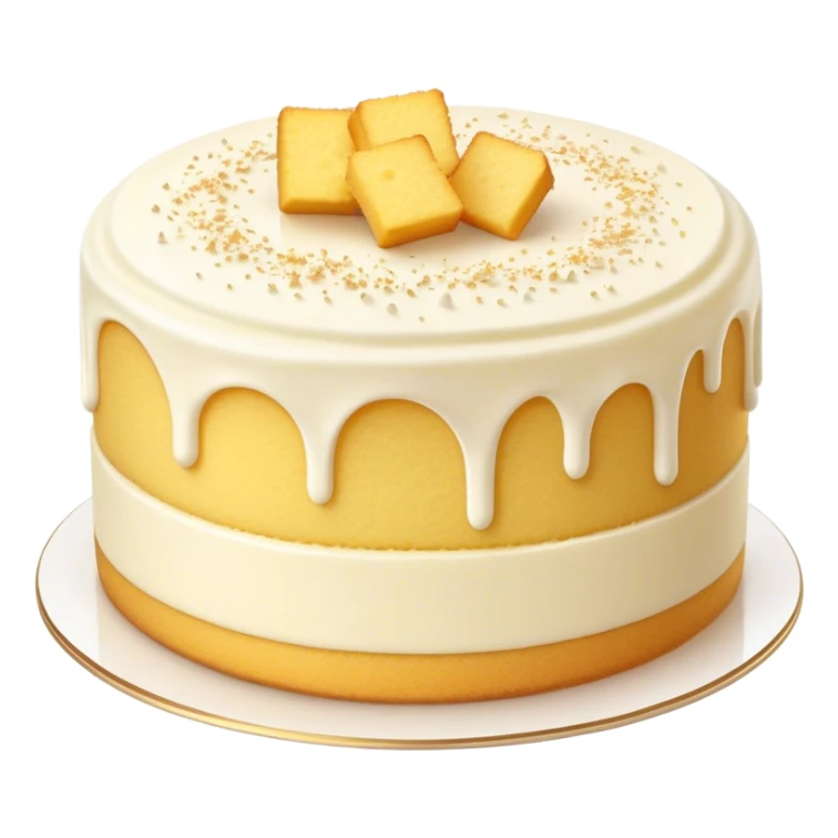 Cinematic Realistic Simple Vanilla Cake, a perfectly baked golden sponge with soft, airy layers, delicate vanilla frosting smoothly spread across the top, tiny flecks of vanilla bean visible, warm golden lighting creating depth, glowing with a sweet, irresistible charm. sticker