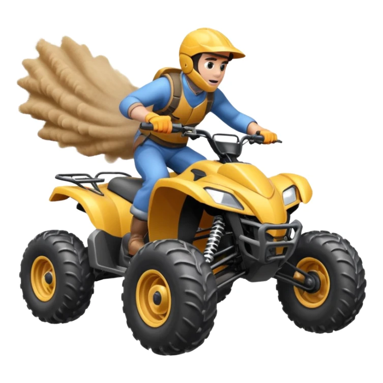 man riding an ATV, dynamic action pose, off-road vehicle, dust trail, 3D cartoon, mobile game icon style, clean background, no text, no watermark

 sticker