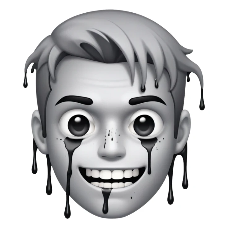 Super idol with a straight face but the upper teeth are sticking out and there is a huge dot of ink covering each of his pupils and 2 lines of ink are dripping out from the dots and the entire image including super idol is a whitish gray color or a grayish white color sticker