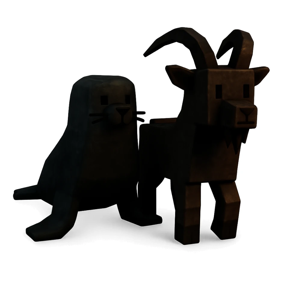 A seal and a goat exploring together in the dim and threatening environment of the Roblox game 'Forsaken', designed in the game style with blocky and stylized characters sticker