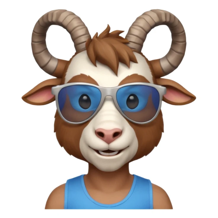 3D cartoon goat man portrait, head and shoulders, brown fur, small horns, blue reflective sunglasses, slight smile, tank top, soft lighting, centered, clean background, no text, no watermark
 sticker