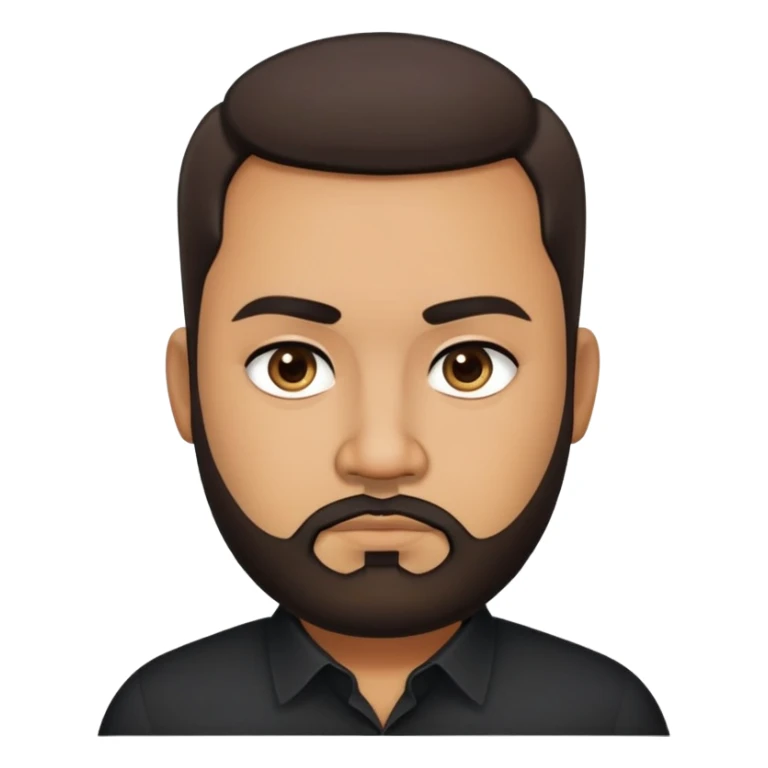 Heavier-set producer with light brown skin, pear-shaped face, full cheeks, serious dark eyes, thick eyebrows, wide nose, confident expression, short well-groomed beard, very short dark hair, wearing a black dress shirt sticker