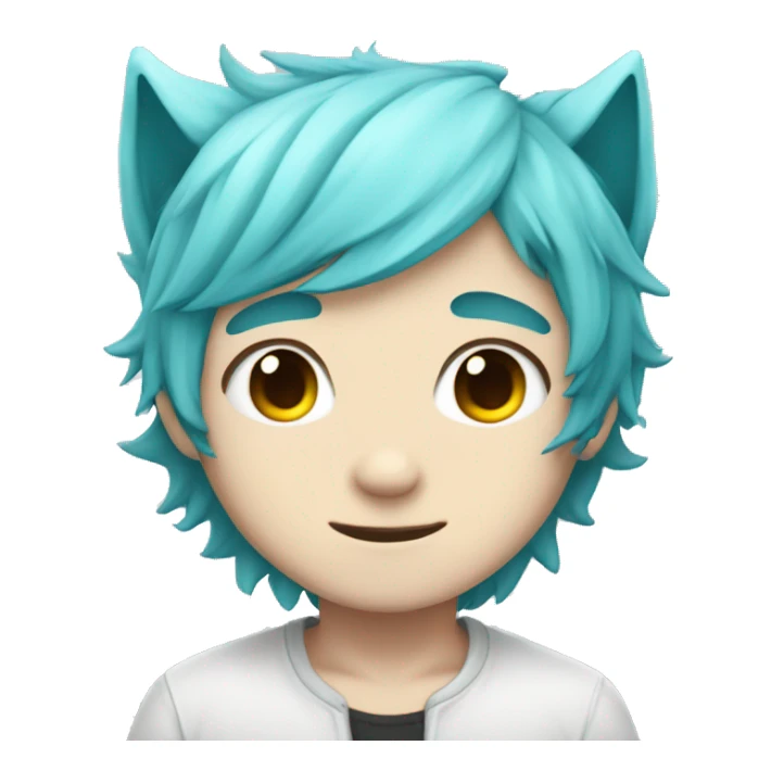 chibi white skin cyan hair boy with wolf ears happy sticker