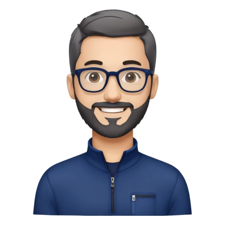 Light-skinned man with short black hair styled upward, short gray beard, large black-framed glasses, smiling face, wearing a navy blue zip-neck long sleeve athletic shirt sticker