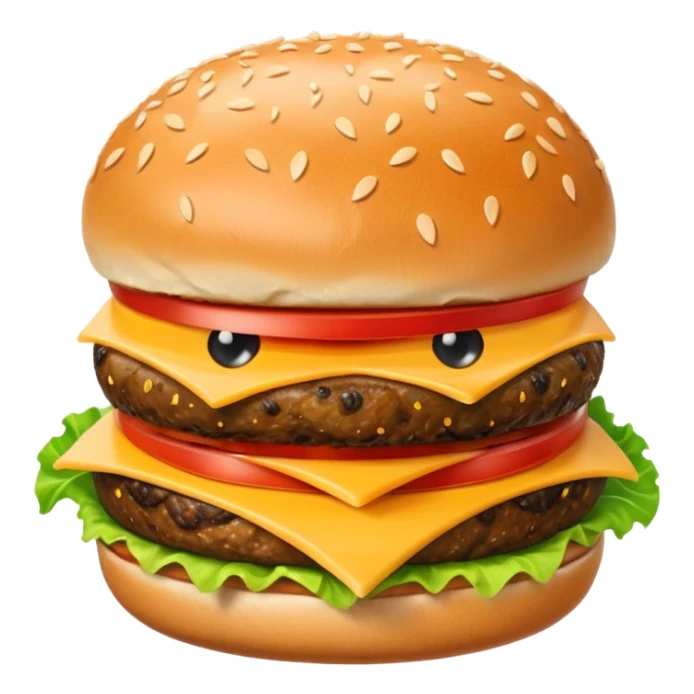Create an image of a burger face with eyes and mouth pooping up in blue background sticker