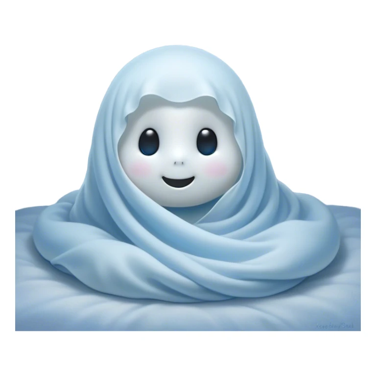 An adorable, peacefully floating sheet-like ghost in gentle pastel whites and blues, its soft, rounded form loosely draped, head resting with closed, serene sparkling eyes and a tiny, contented smile, simplified yet irresistibly charming, highly detailed, with a soft glowing outline that captures the essence of a sleepy, endearing spirit wrapped in cozy slumber! sticker