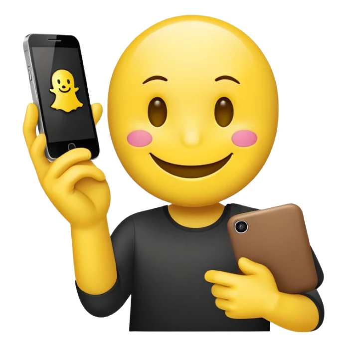 smiley face emoji holding a smartphone with Snapchat interface, sending snaps to friends sticker