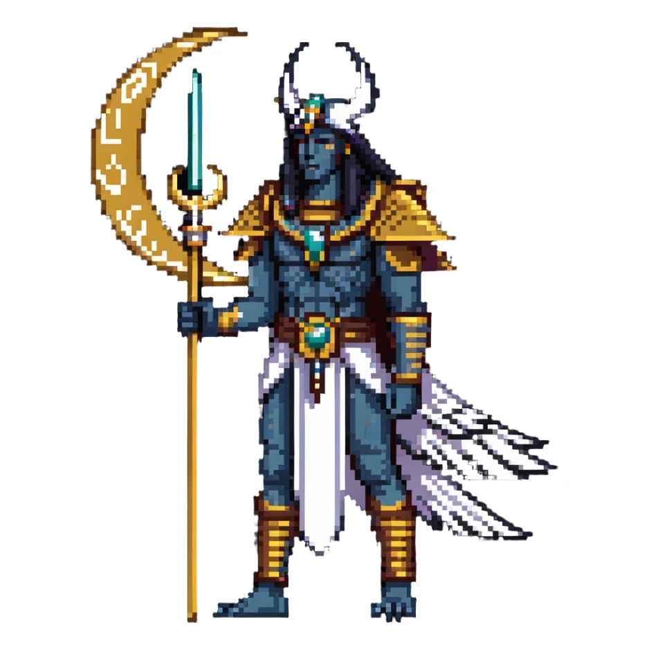 Egyptian moon god Khonsu with falcon head, lunar disk and crescent moon on head, divine staff sticker