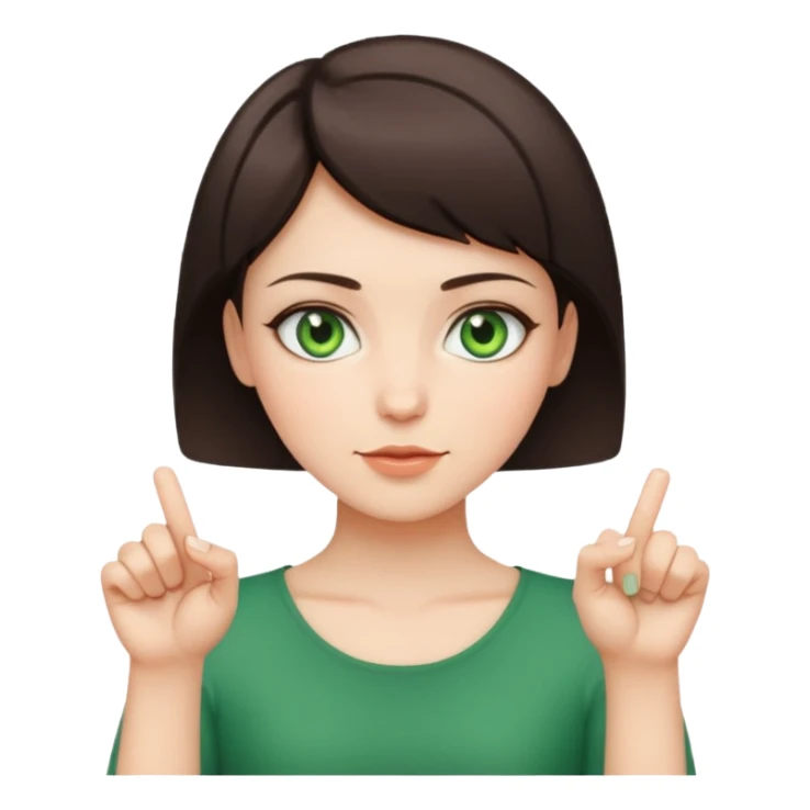 Short haired brunette girl, with green eyes holding middle fingers sticker