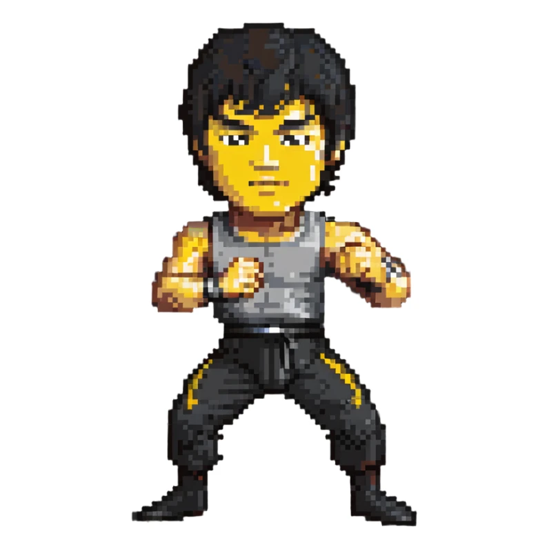 Bruce Lee in iconic fighting pose, martial arts legend sticker