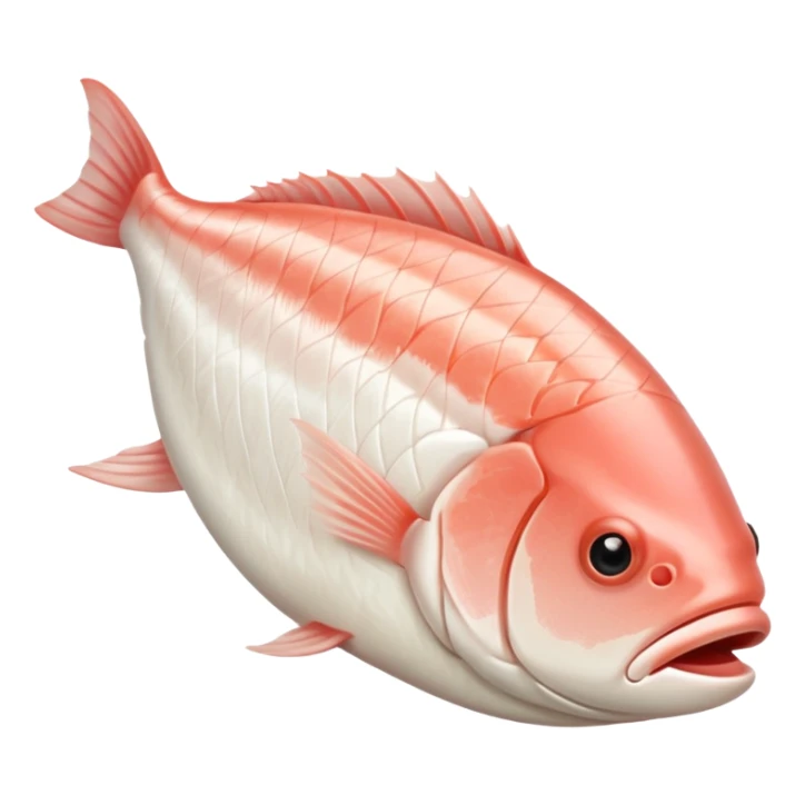 raw white fish fillet boneless skinless pre-cut trimmed natural shape soft curves pale ivory to pinkish-white moist glossy fine muscle grain neat no bones skin head tail no plate seasoning background no faces clean 3D soft shadows transparent background emoji scale sticker