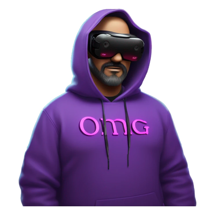 Big Lebowski wearing a black hoodie with "OMG" letters on it and VR headset oculus quest 2 in a cyberpunk VR environment with violet neon lighting. sticker
