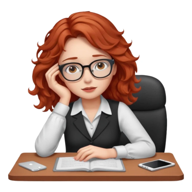 Pretty model, brown eyes, soft red wavy hair, falling asleep at desk sticker