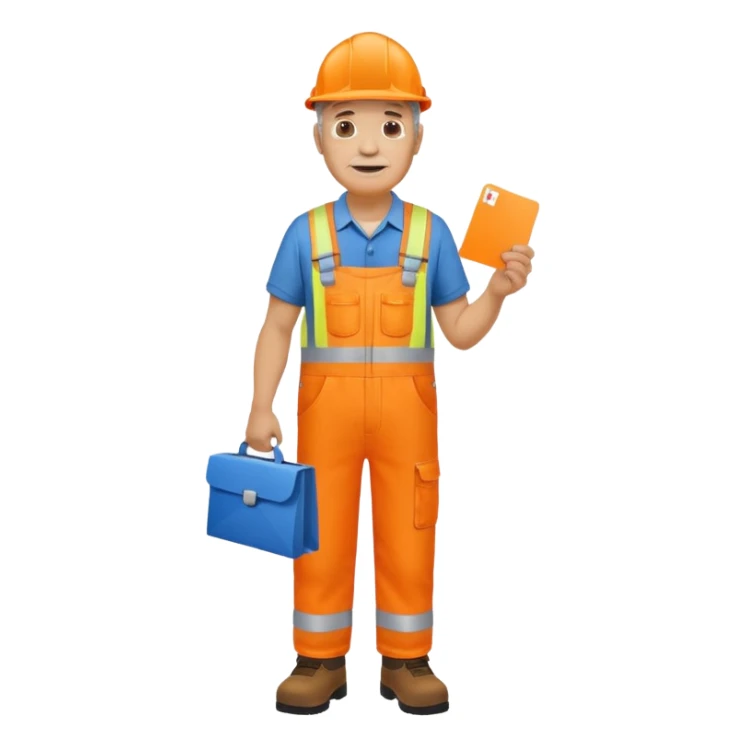 older engineer hi-vis orange overalls full body holding a card sticker