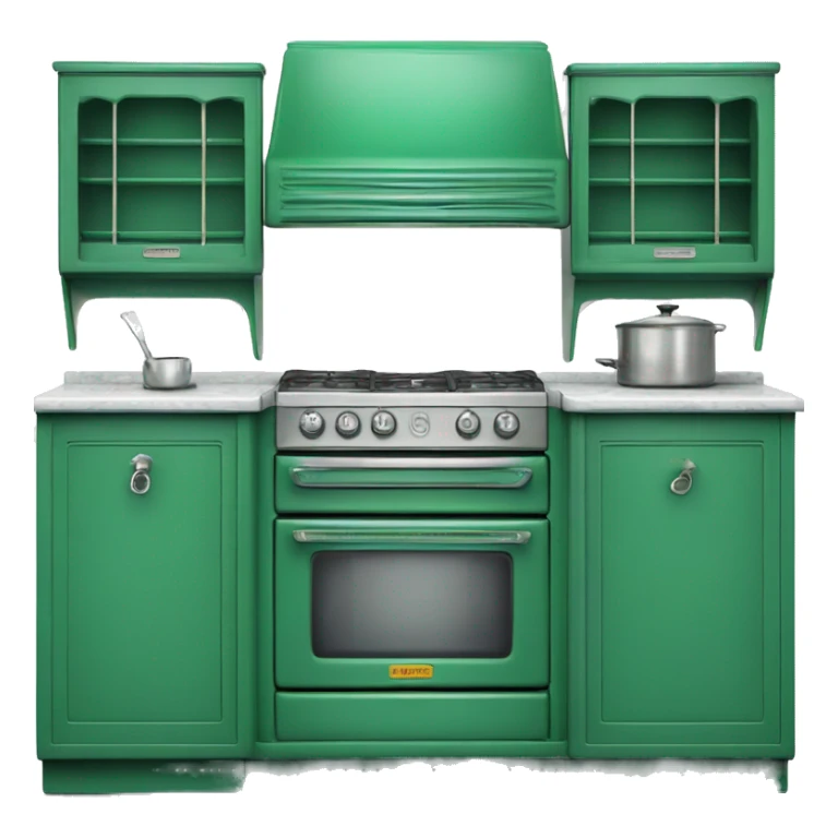 Isolated full length Realistic emerald green vintage retro kitchen range with cabinets and counters. sticker
