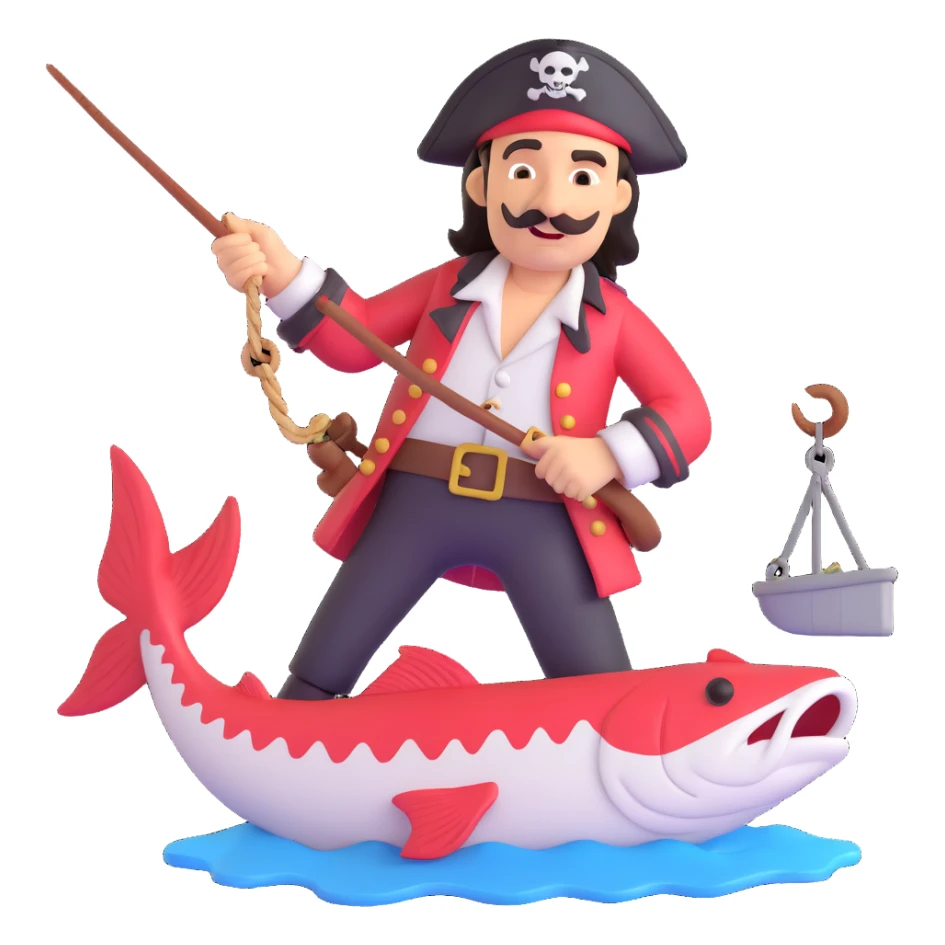 pirate captain reeling in a big fish, cheerful mood sticker