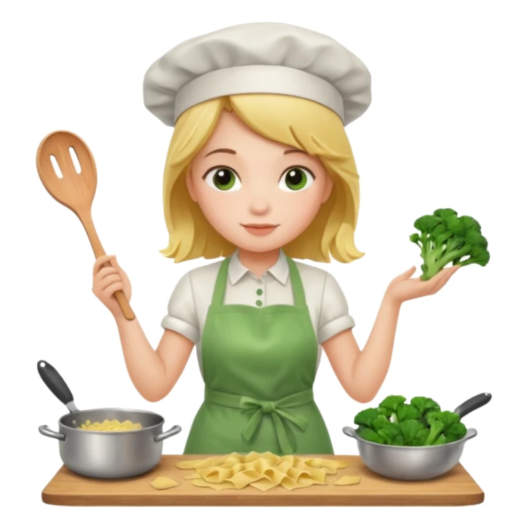 Girl cooking pasta for the first time with broccoli sticker