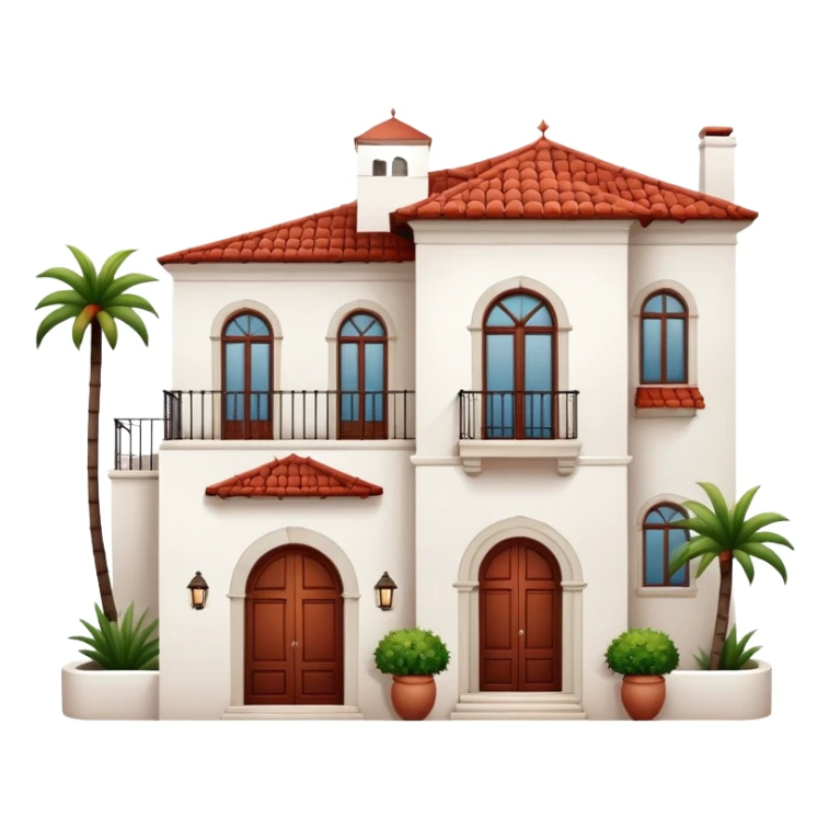 White stucco Spanish villa with red clay tile roof, arched windows, and small balcony sticker