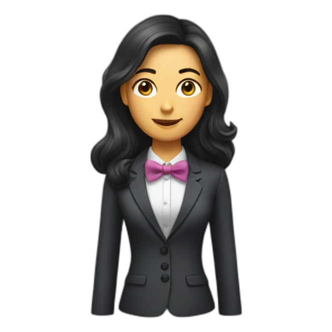 Woman with long dark hair wearing suit with bow tie sticker