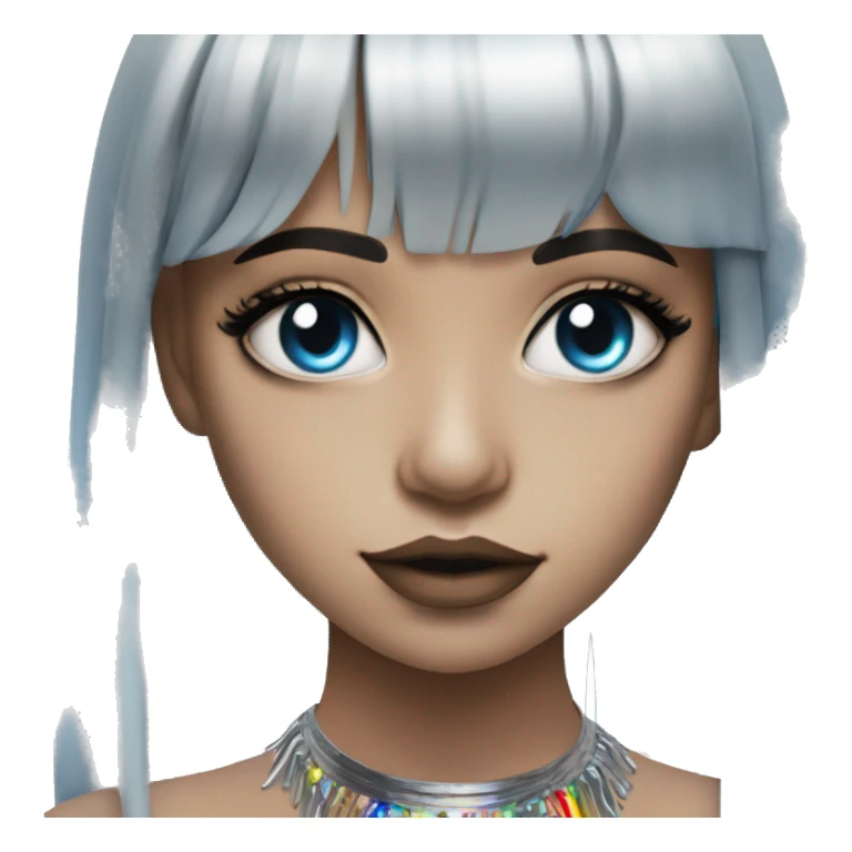 Hyperrealistic pretty girl with blue eyes and long hair with rainbow fringe. Wearing cute black & silver choker necklace has dark eye makeup on her eyes sticker