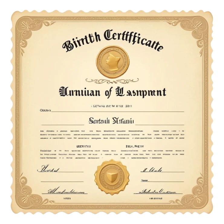 Birth certificate document with name, date of birth, and official seal sticker