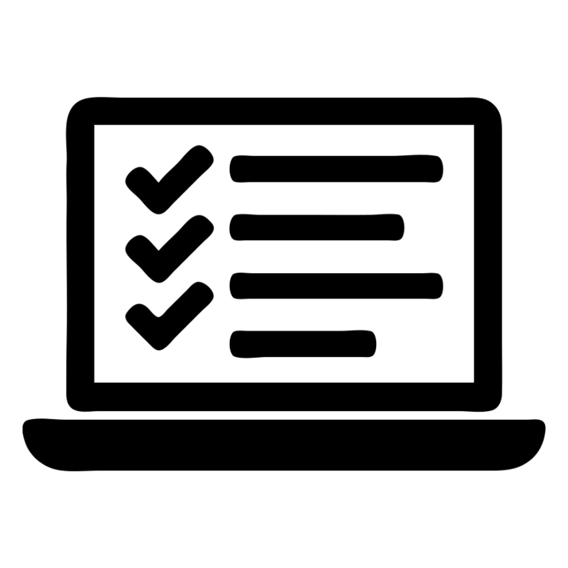 form with boxes and checkmarks on a laptop screen, clean, modern, no color, solid filled icon style sticker