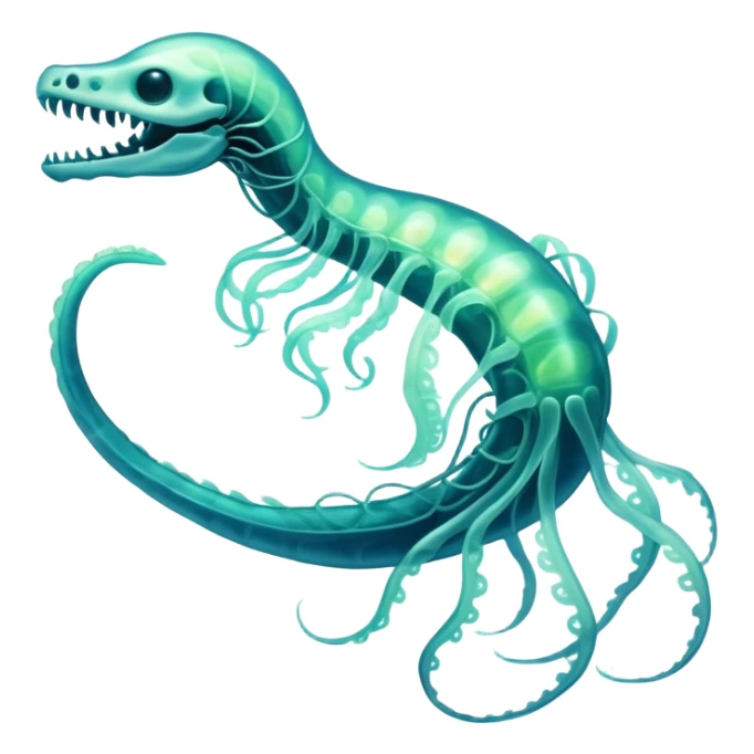 A phosphorescent deep-sea serpent with translucent scales that reveal its glowing skeleton, possessing both jellyfish-like tendrils and the ability to generate electrical pulses that illuminate the ocean depths. sticker