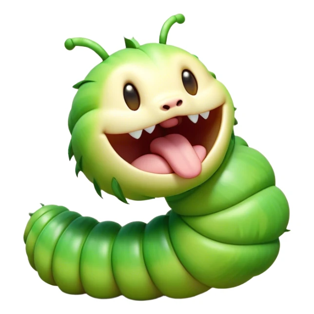 Cinematic Realistic Cute Yawning Caterpillar Portrait Emoji, Head tilted slightly with a dramatic, wide-open yawn, showcasing a soft, downy segmented body in vivid green with subtle drooping and half-closed, drowsy eyes, rendered with intricate natural texture and gentle shadows, high shine, relaxed yet expressive, styled with a dash of woodland charm, soft glowing outline, capturing the essence of a sleepy yet affectionate caterpillar that appears ready to stretch out and rest among the leaves! sticker