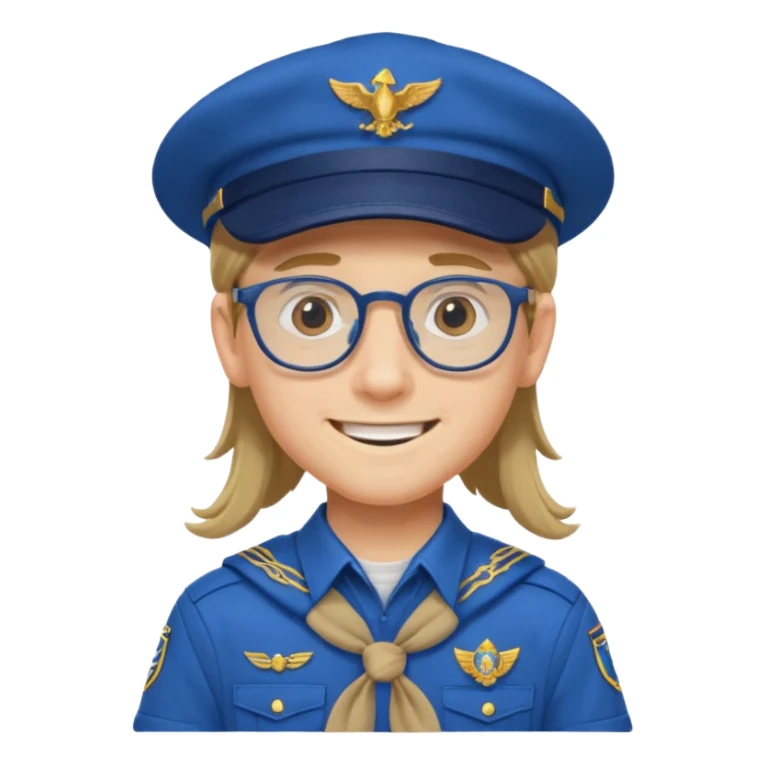 scout boy long hair spectacled blue uniform with cap sticker