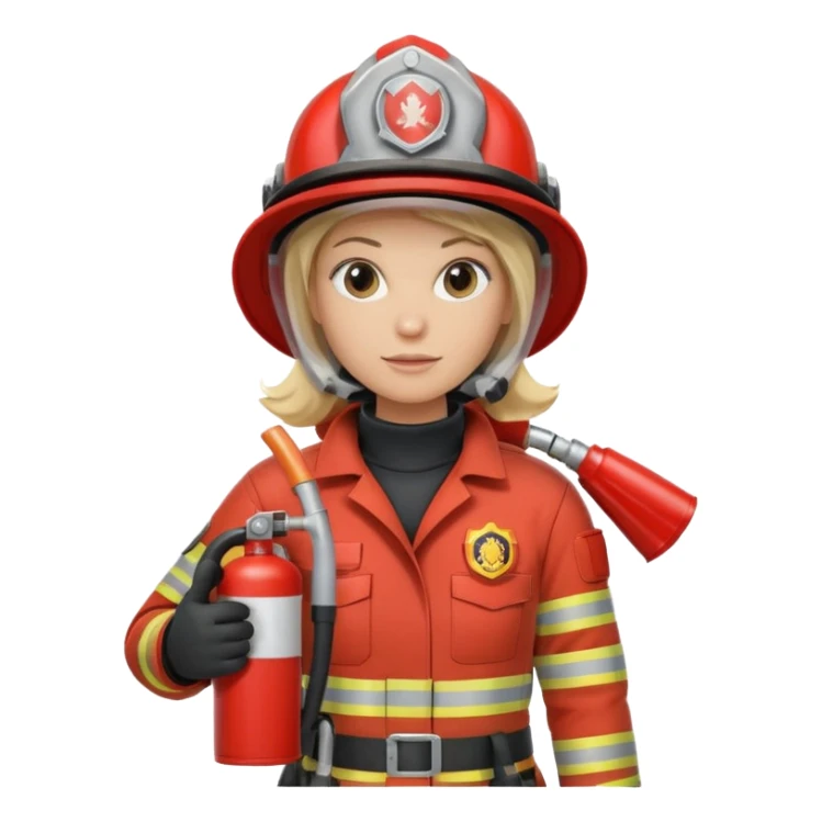 Firefighter with respiratory protection, blonde female, with fire extinguisher sticker