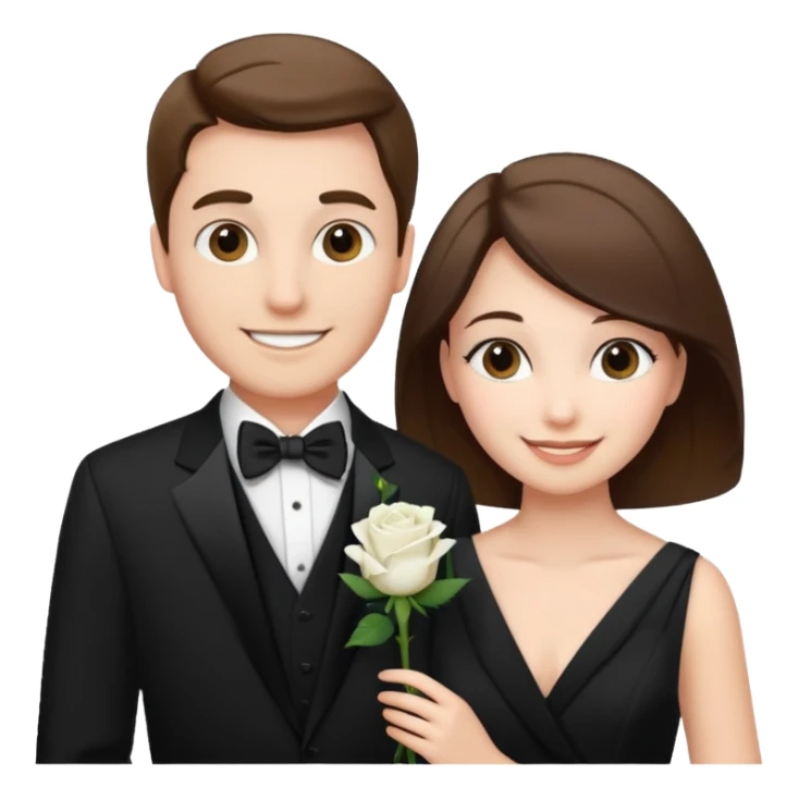 smiling couple in formal attire with white rose boutonnière sticker