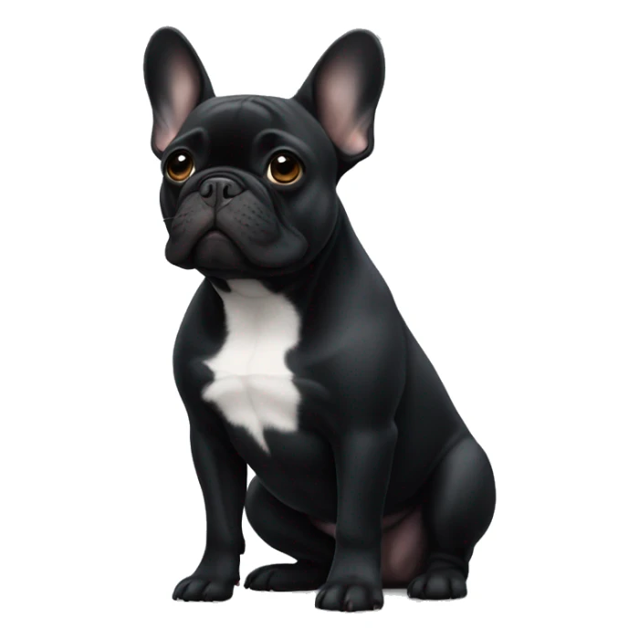 An all-black French bulldog with a white breast sticker